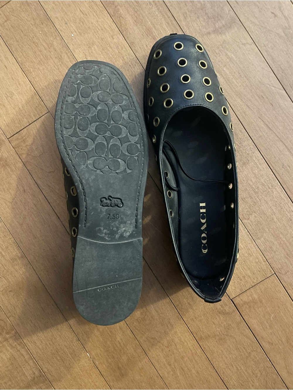 Coach Black Leather Grommet Slip-On Flats - Picture 1 of 3